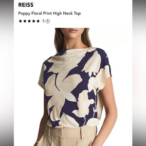 Reiss Blue and Cream Floral High Neck Blouse